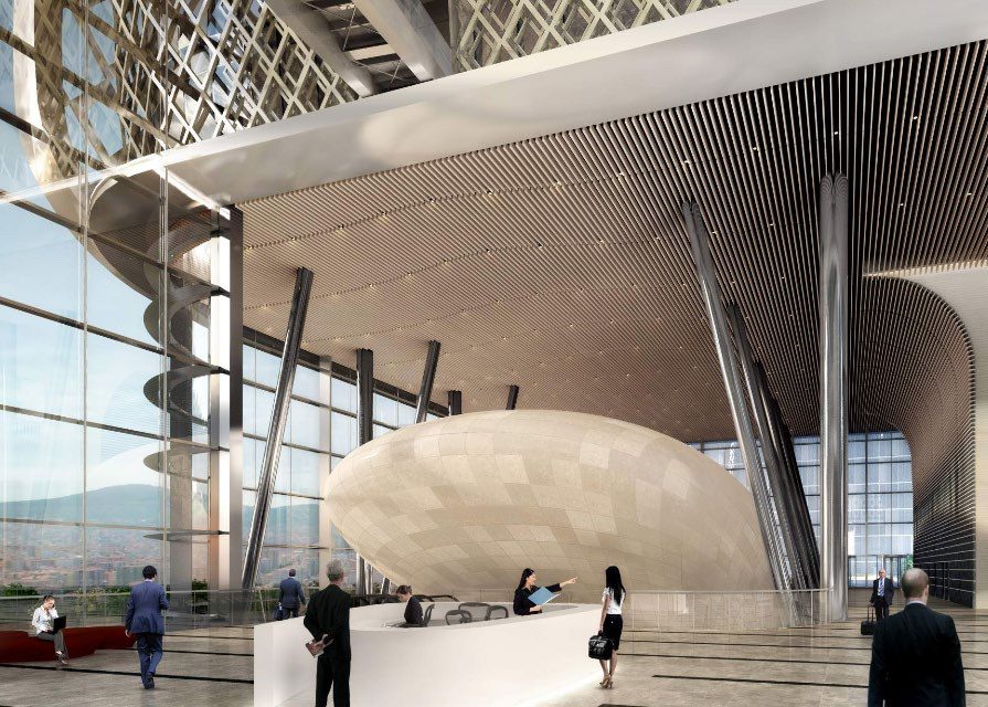 Lobby of the Ziraat Bank headquarters with the auditorium shell