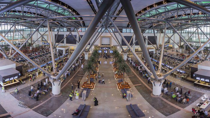 Check-in hall with tree columns