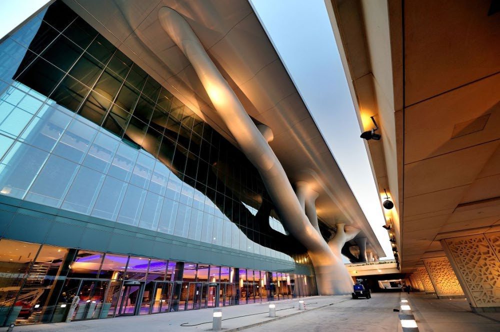 Under the entrance canopy